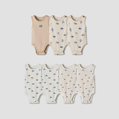 Pack of 7 Juniors Cotton Sleeveless Bodysuit with Vehicle Print - Beige / 12-18 mths