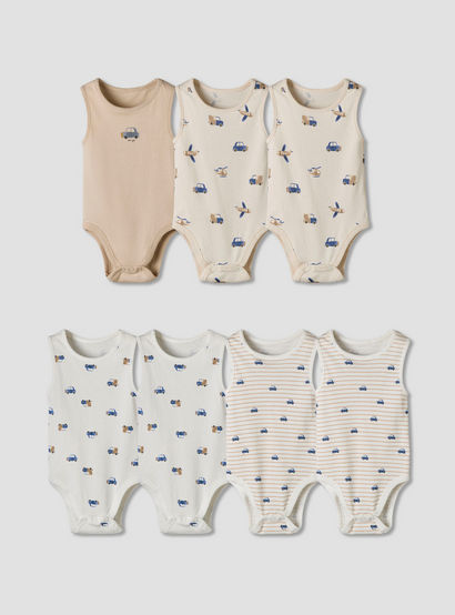 Pack of 7 Juniors Cotton Sleeveless Bodysuit with Vehicle Print-baby-boys-clothing-bodysuits-image-1