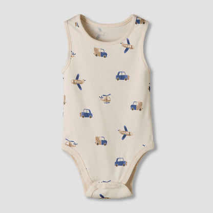 Pack of 7 Juniors Cotton Sleeveless Bodysuit with Vehicle Print