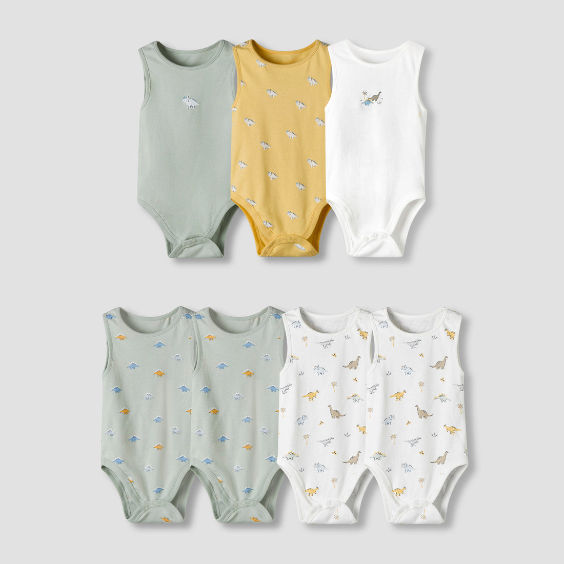 Pack of 7 Juniors Cotton Round Neck Sleeveless Bodysuit with Dinosaur Print - Multicolour / 18-24 mths