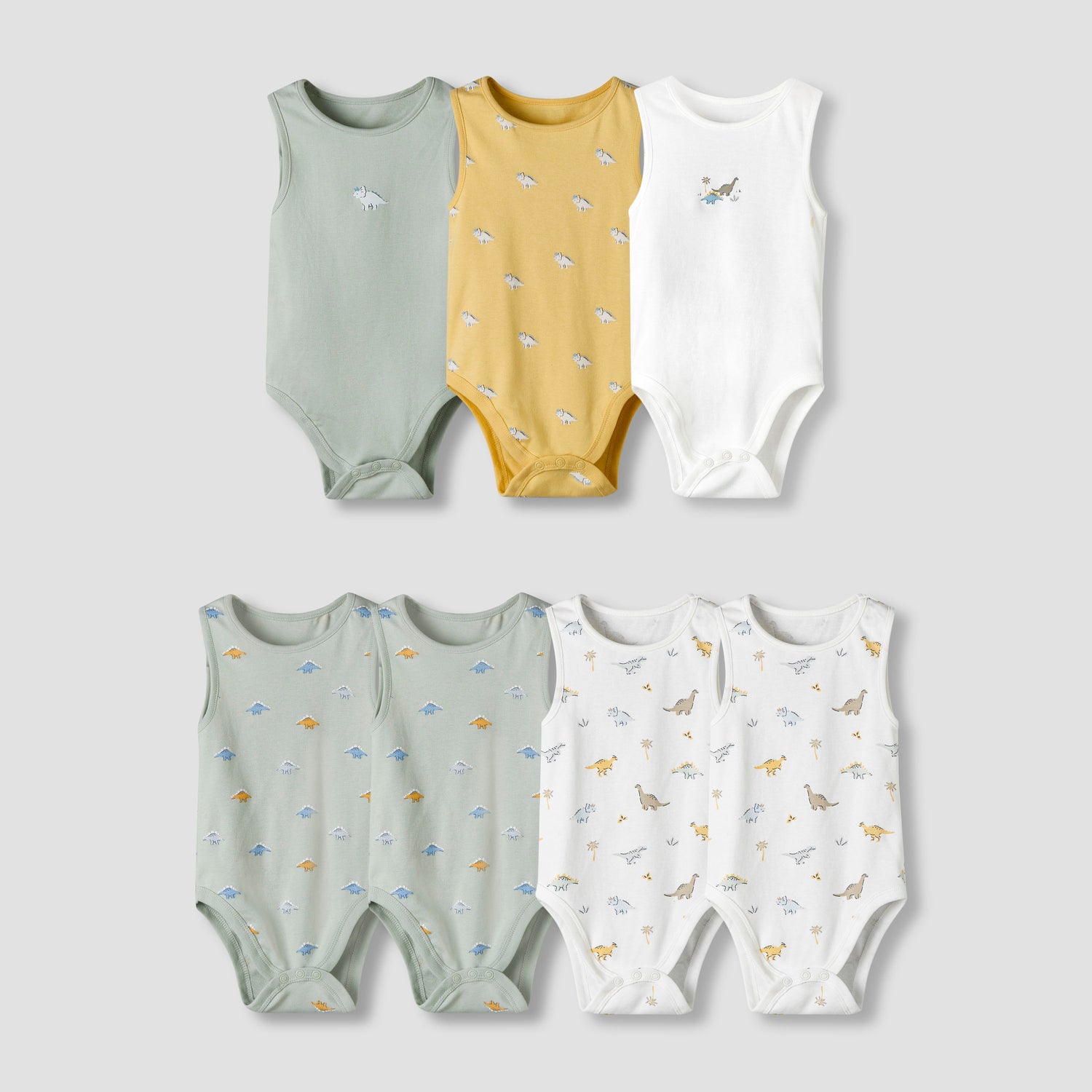 Pack of 7 Juniors Cotton Round Neck Sleeveless Bodysuit with Dinosaur Print - Multicolour / 18-24 mths