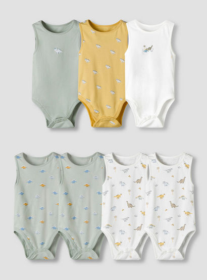 Pack of 7 Juniors Cotton Round Neck Sleeveless Bodysuit with Dinosaur Print-baby-boys-clothing-bodysuits-image-1