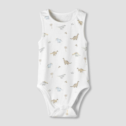 Pack of 7 Juniors Cotton Round Neck Sleeveless Bodysuit with Dinosaur Print