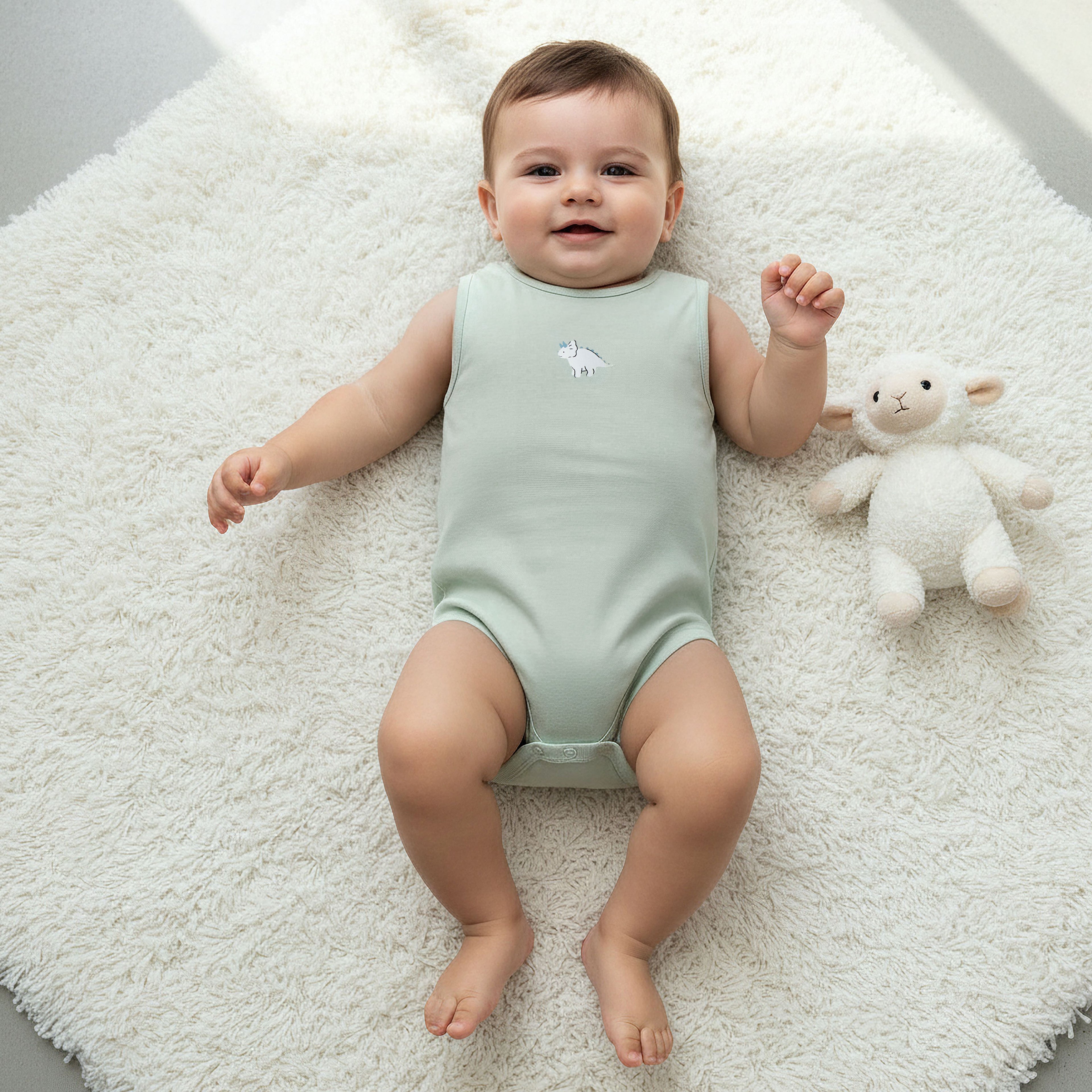 Pack of 7 Juniors Cotton Round Neck Sleeveless Bodysuit with Dinosaur Print