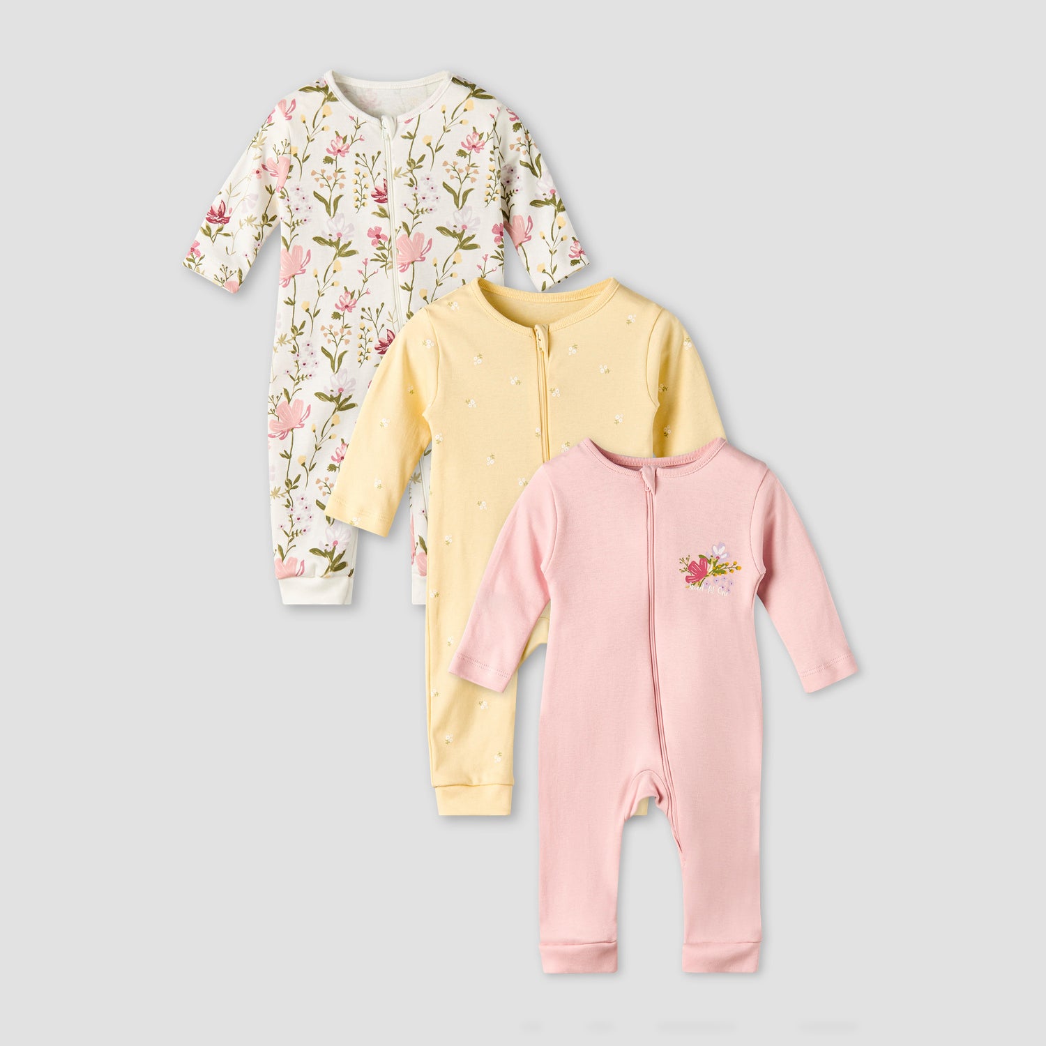 Pack of 3 Juniors Cotton Long Sleeves Sleepsuit with Floral Print - Multicolour / 12-18 mths