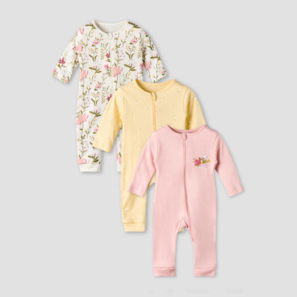 Pack of 3 Juniors Cotton Long Sleeves Sleepsuit with Floral Print - Multicolour / 12-18 mths