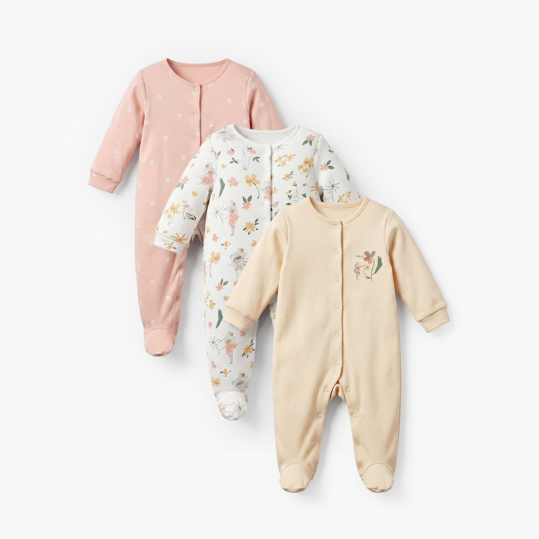 Pack of 3 Juniors Cotton Crew Neck Long Sleeves Sleepsuit with Floral Print - Multicolour / 12-18 mths