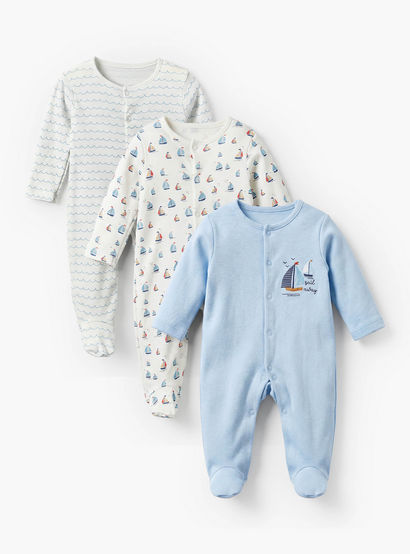 Pack of 3 Juniors Cotton Crew Neck Long Sleeves Sleepsuit with Nautical Print-baby-boys-clothing-nightwear-sleepsuits-image-1