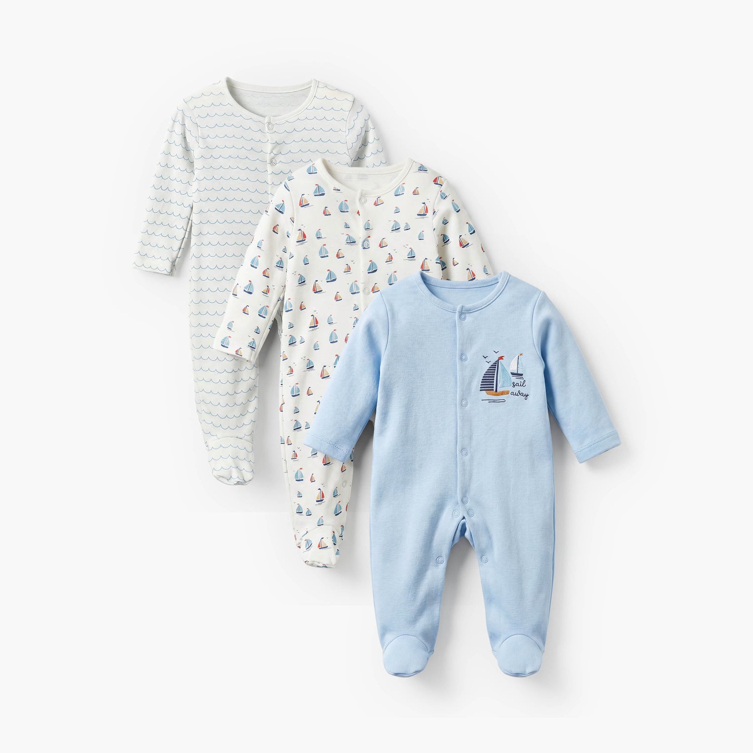 Pack of 3 Juniors Cotton Crew Neck Long Sleeves Sleepsuit with Nautical Print - Blue / 12-18 mths