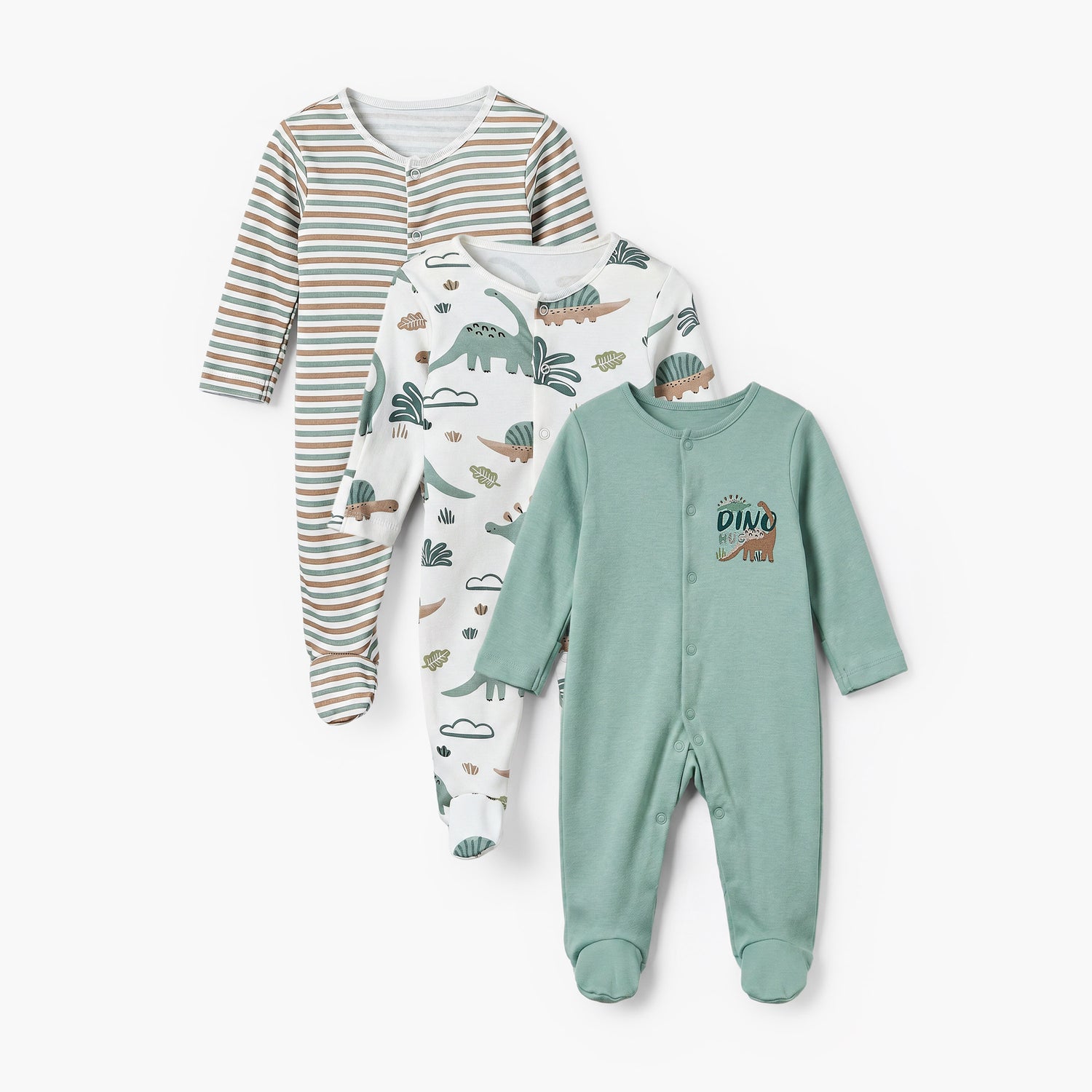 Pack of 3 Juniors Cotton Crew Neck Long Sleeves Sleepsuit with Dinosaur Print - Green / 12-18 mths