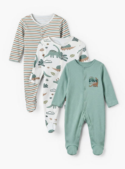 Pack of 3 Juniors Cotton Crew Neck Long Sleeves Sleepsuit with Dinosaur Print-baby-boys-clothing-nightwear-sleepsuits-image-1