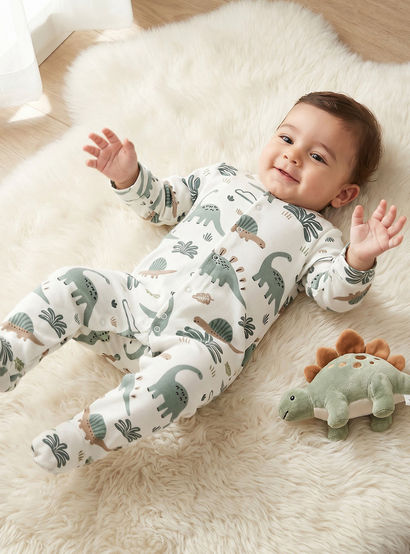 Pack of 3 Juniors Cotton Crew Neck Long Sleeves Sleepsuit with Dinosaur Print-baby-boys-clothing-nightwear-sleepsuits-image-2