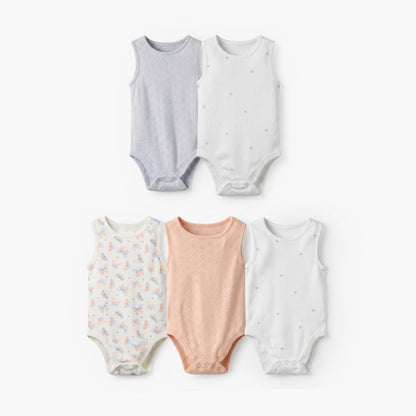 Pack of 5 Juniors Cotton Round Neck Sleeveless Bodysuit with Print - Multicolour / 12-18 mths