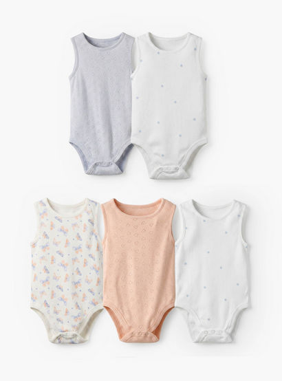 Pack of 5 Juniors Cotton Round Neck Sleeveless Bodysuit with Print-baby-girls-clothing-bodysuits-image-1