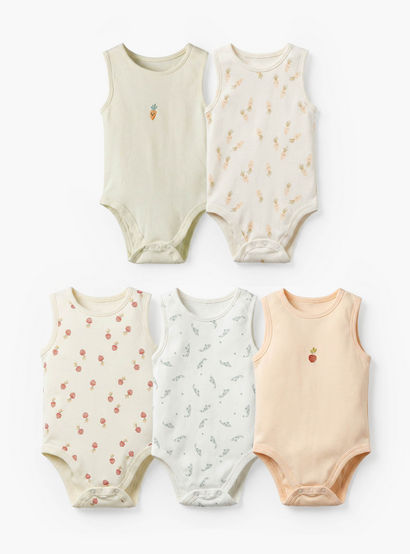 Pack of 5 Juniors Cotton Round Neck Sleeveless Bodysuit with Print-baby-girls-clothing-bodysuits-image-1