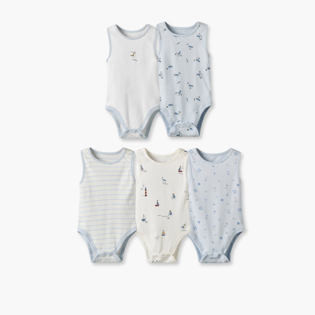 Pack of 5 Juniors Crew Neck Sleeveless Bodysuit with Assorted Print - Blue / 18-24 mths