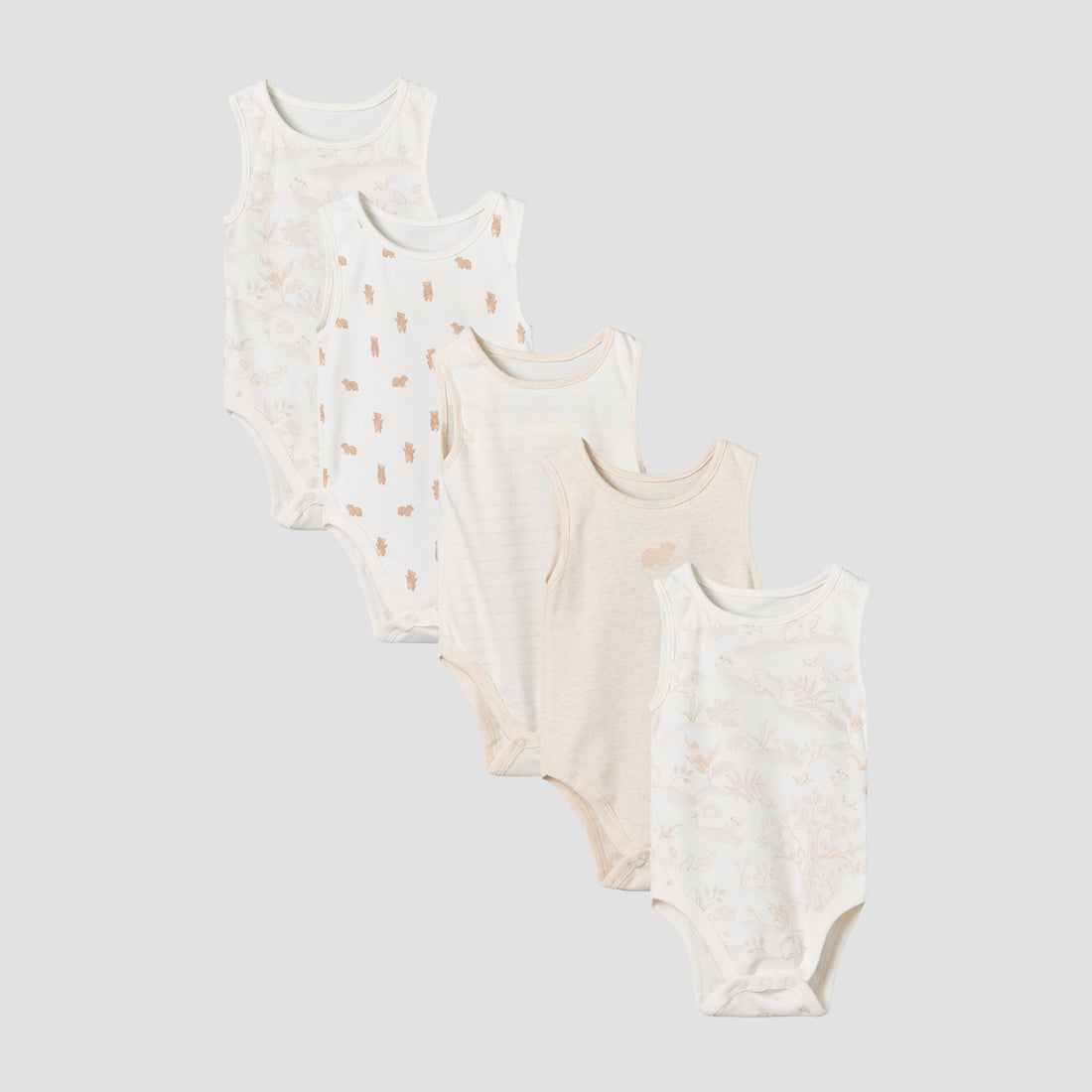 Pack of 5 Juniors Crew Neck Sleeveless Bodysuit with Assorted Print - Beige / 18-24 mths