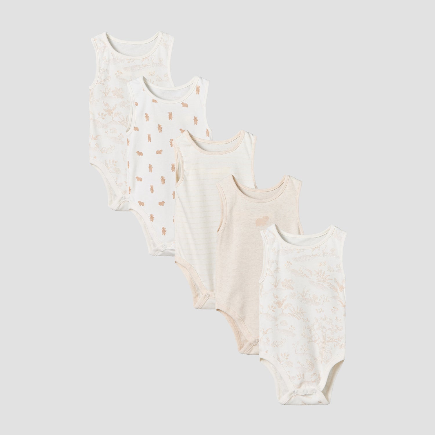 Pack of 5 Juniors Crew Neck Sleeveless Bodysuit with Assorted Print - Beige / 18-24 mths