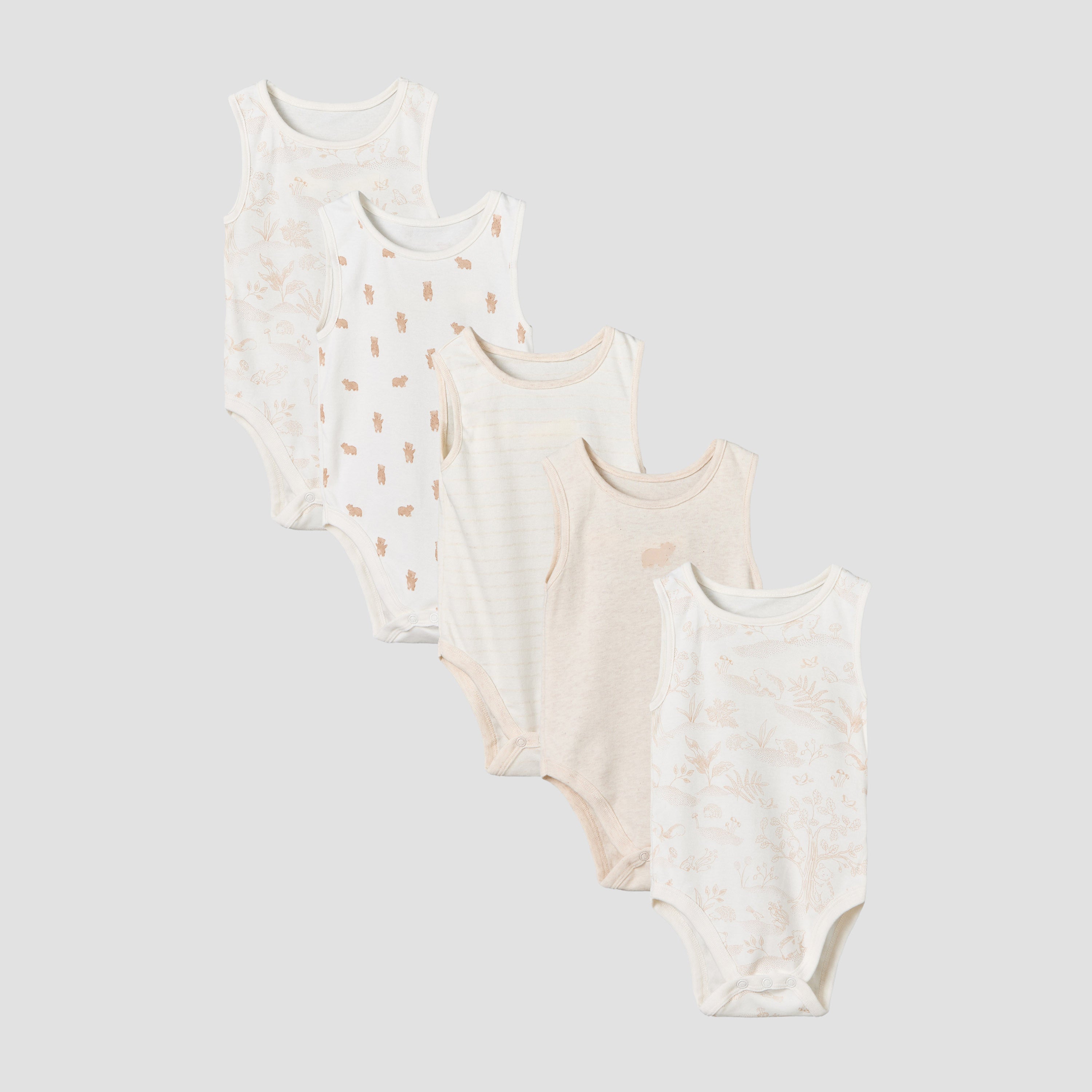 Pack of 5 Juniors Crew Neck Sleeveless Bodysuit with Assorted Print - Beige / 18-24 mths