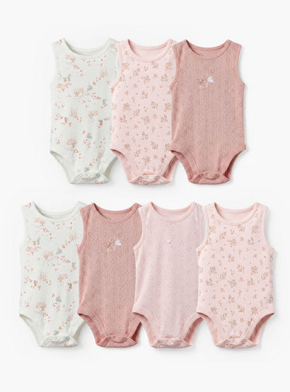 Pack of 7 Juniors Cotton Crew Neck Sleeveless Bodysuit with Assorted Design-baby-girls-clothing-bodysuits-image-1