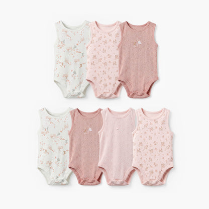 Pack of 7 Juniors Cotton Crew Neck Sleeveless Bodysuit with Assorted Design - Pink / 18-24 mths