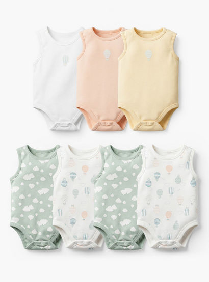 Pack of 7 Juniors Crew Neck Sleeveless Bodysuit with Hot Air Balloon Print-baby-boys-clothing-bodysuits-image-1