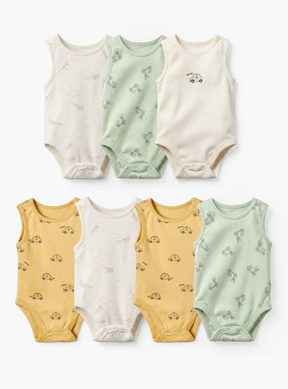 Pack of 7 Juniors Crew Neck Sleeveless Bodysuit with Vehicle Print-baby-boys-clothing-bodysuits-image-1