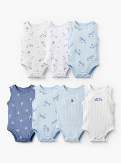 Pack of 7 Juniors Crew Neck Sleeveless Bodysuit with Safari Print-baby-boys-clothing-bodysuits-image-1