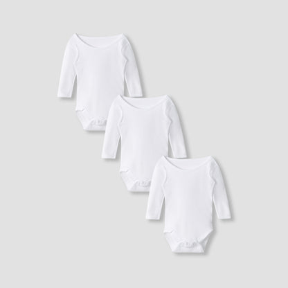 Juniors Plain Bodysuit with Round Neck and Long Sleeves - Set of 3 - White / 18-24 mths