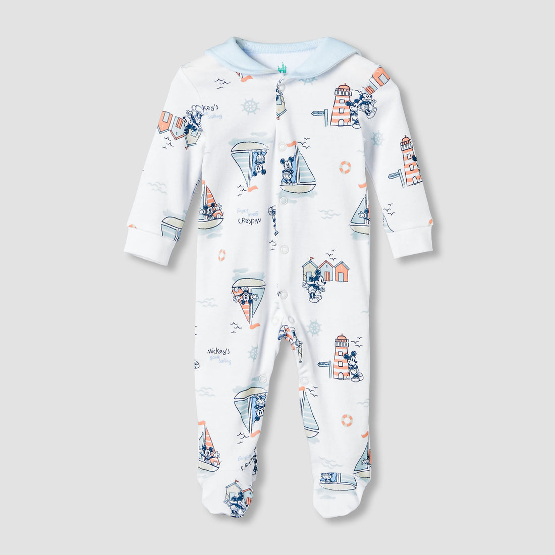 Disney Cotton Sailor Neck Long Sleeves Sleepsuit with Mickey Mouse Print - White / 9-12 mths