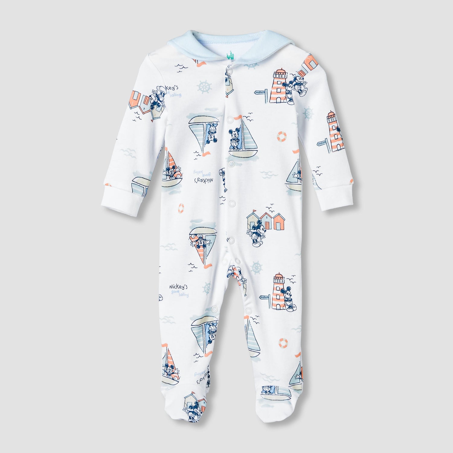 Disney Cotton Sailor Neck Long Sleeves Sleepsuit with Mickey Mouse Print - White / 9-12 mths
