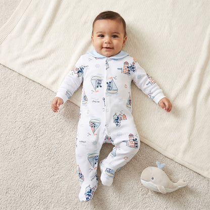 Disney Cotton Sailor Neck Long Sleeves Sleepsuit with Mickey Mouse Print - White / 9-12 mths
