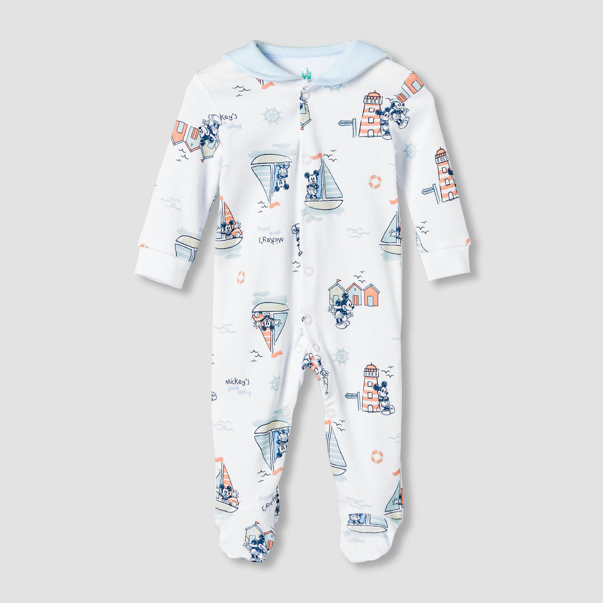 Disney Cotton Sailor Neck Long Sleeves Sleepsuit with Mickey Mouse Print