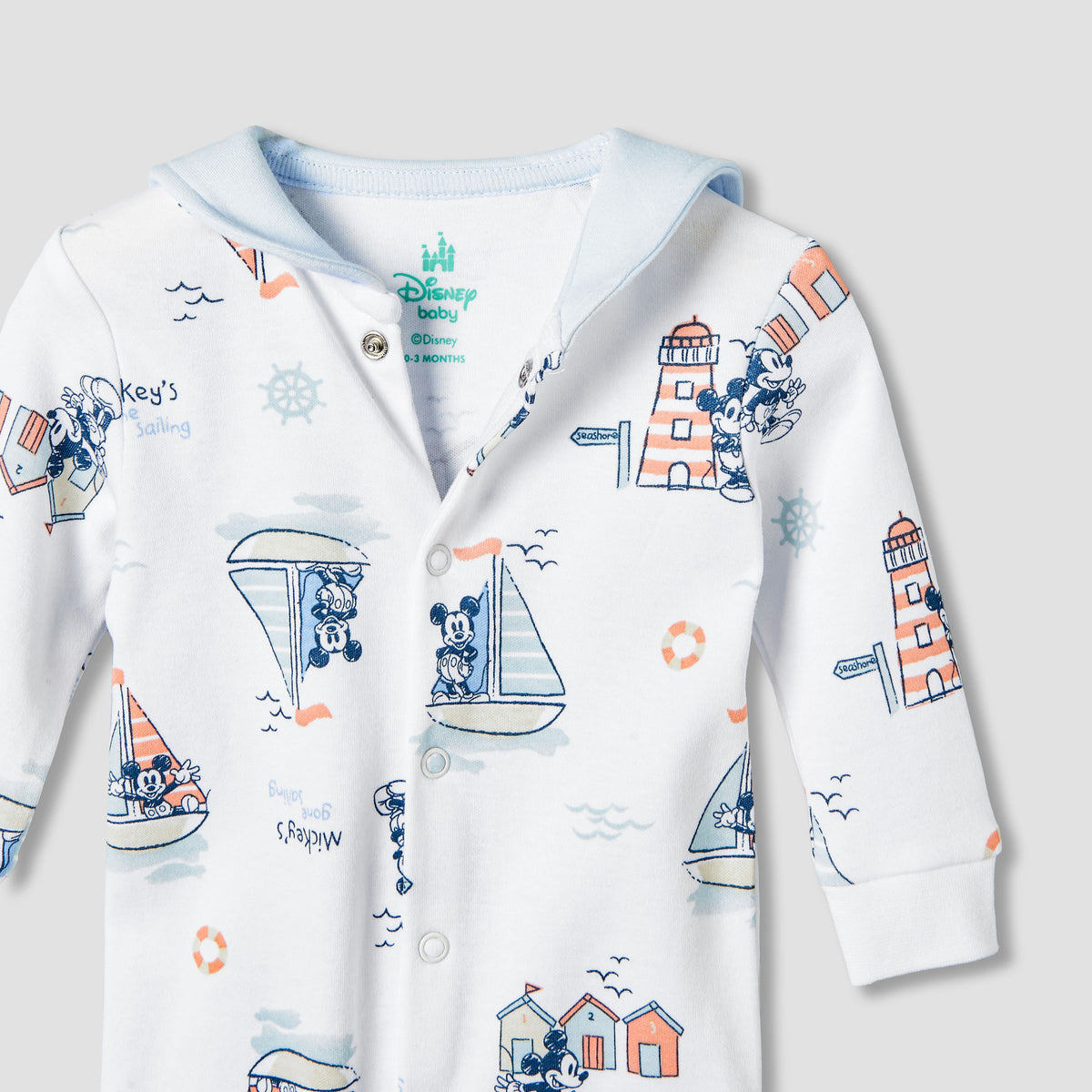 Disney Cotton Sailor Neck Long Sleeves Sleepsuit with Mickey Mouse Print