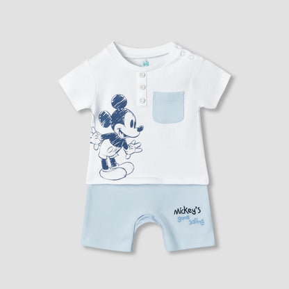 Disney Round Neck Short Sleeves Romper with Mickey Mouse Print