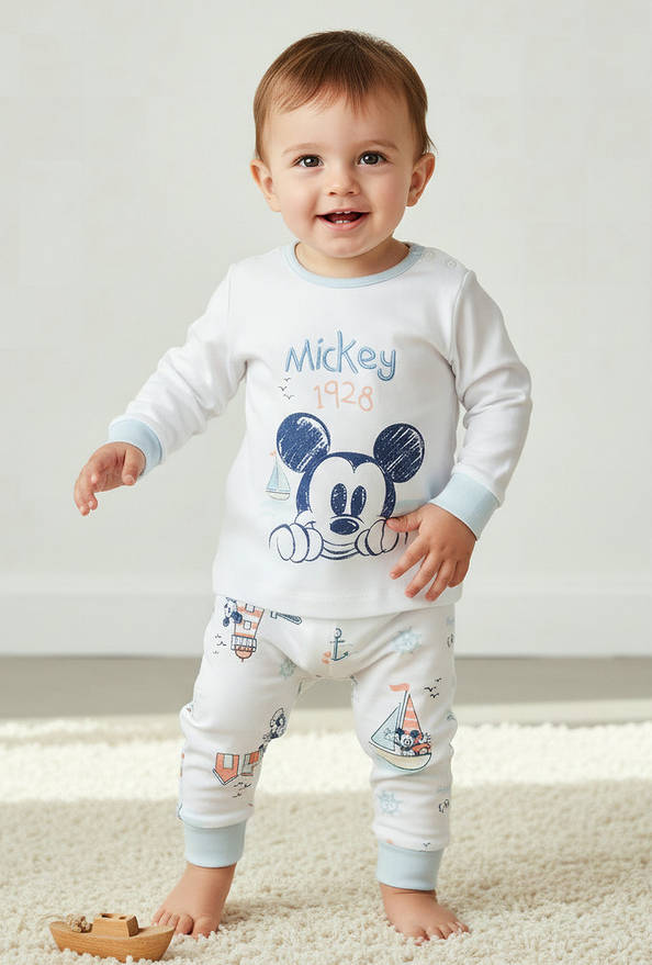 Disney Cotton Round Neck Long Sleeves Pyjama Set with Mickey Mouse Print