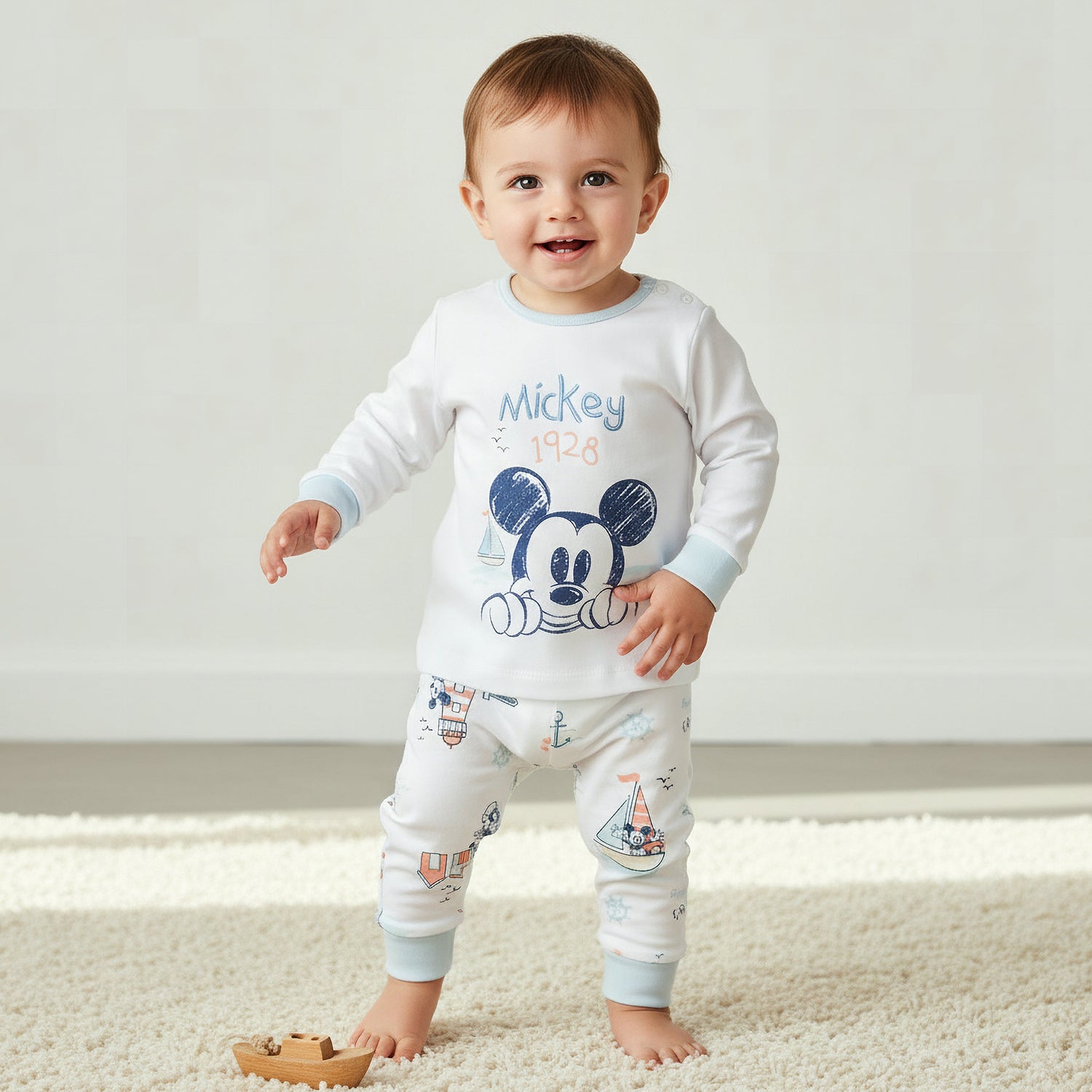 Disney Cotton Round Neck Long Sleeves Pyjama Set with Mickey Mouse Print - White / 12-18 mths
