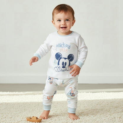 Disney Cotton Round Neck Long Sleeves Pyjama Set with Mickey Mouse Print - White / 12-18 mths