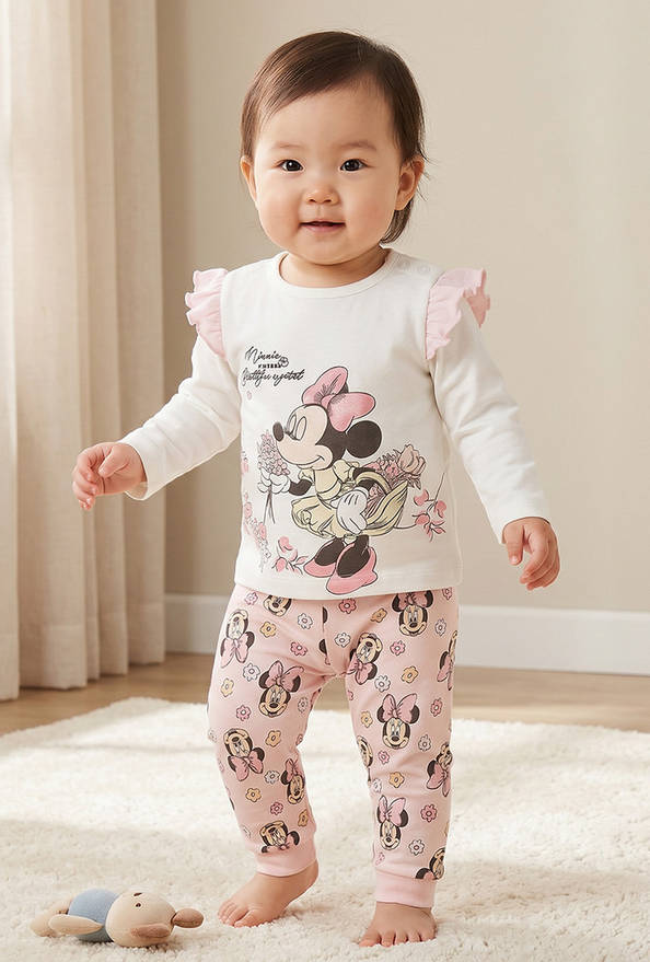 Disney Cotton Crew Neck Long Sleeves Pyjama Set with Minnie Mouse Print