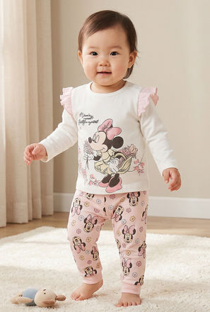 Disney Cotton Crew Neck Long Sleeves Pyjama Set with Minnie Mouse Print