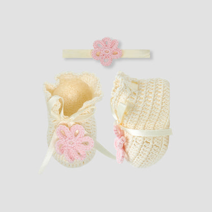 Giggles Girls Booties with Headband - Cotton - Set of 2 - Cream / Free Size