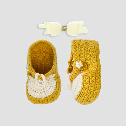 Giggles Girls Booties with Headband – Cotton – Set of 2 - Yellow / Free Size
