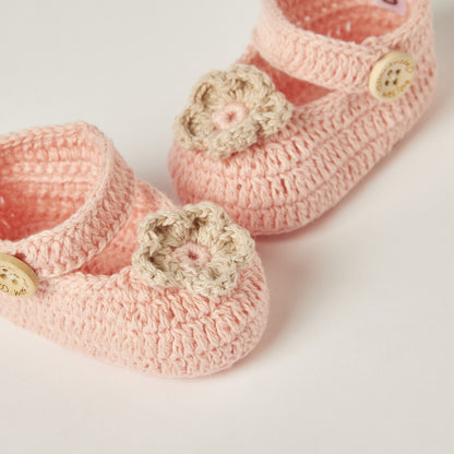 Giggles Crochet Textured Slip-on Booties with Button Detail