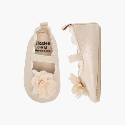 Giggles Floral Applique Booties with Elasticated Strap - Cream / 12-18 mths
