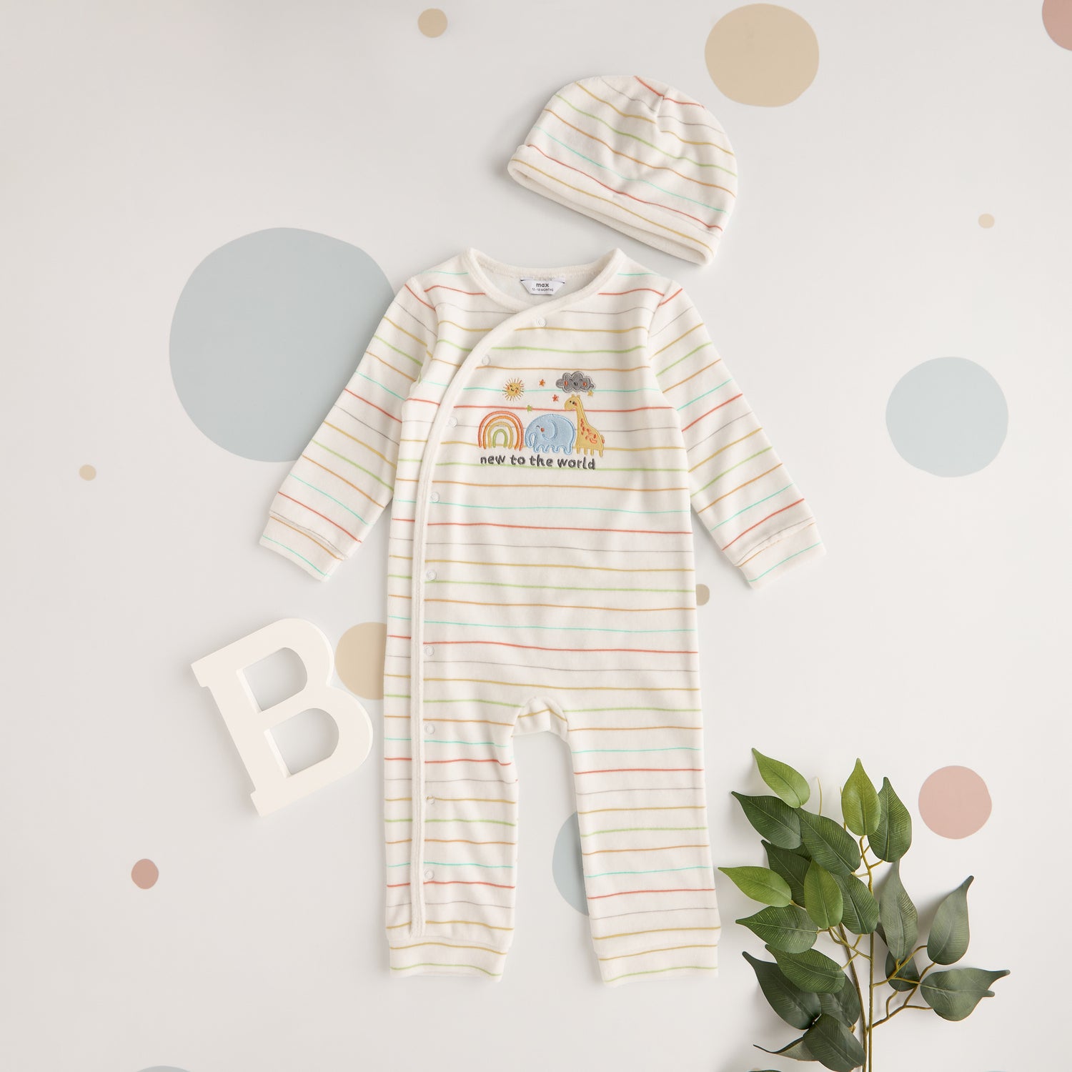 Striped Velour Sleepsuit with Cap - Cream / 12-18 mths