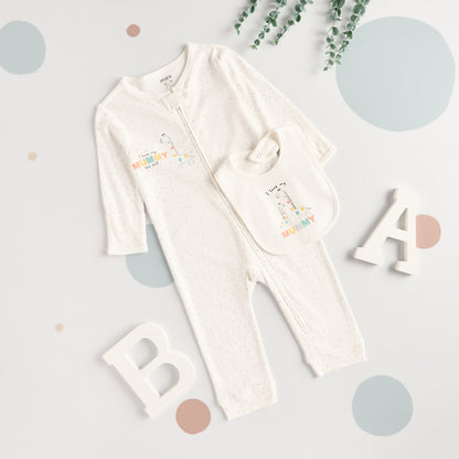 Giraffe Print Cotton Sleepsuit with Bib - Cream / 18-24 mths