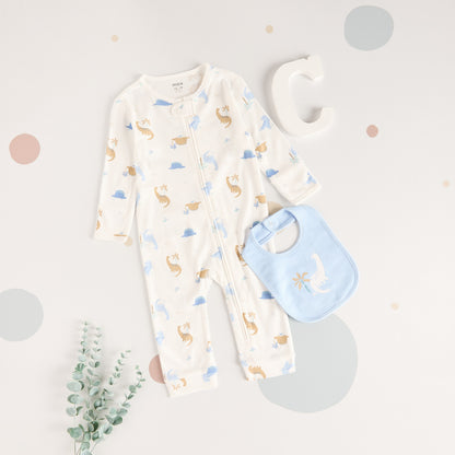 All-Over Dinosaur Print Sleepsuit with Bib - Cream