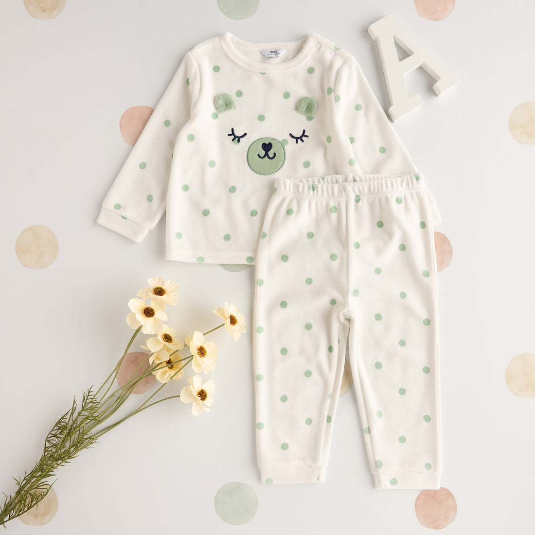 All-Over Polka Dot Print Velour Pyjama Set - Cream / 12-18 mths