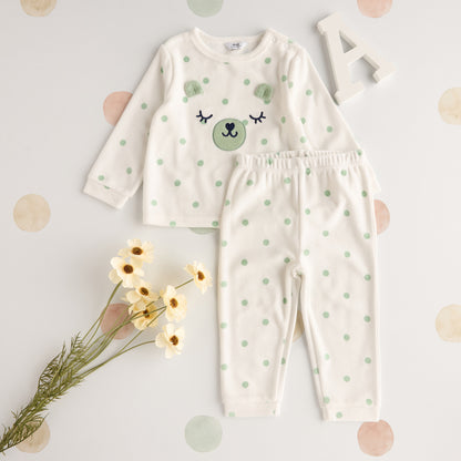 All-Over Polka Dot Print Velour Pyjama Set - Cream / 12-18 mths