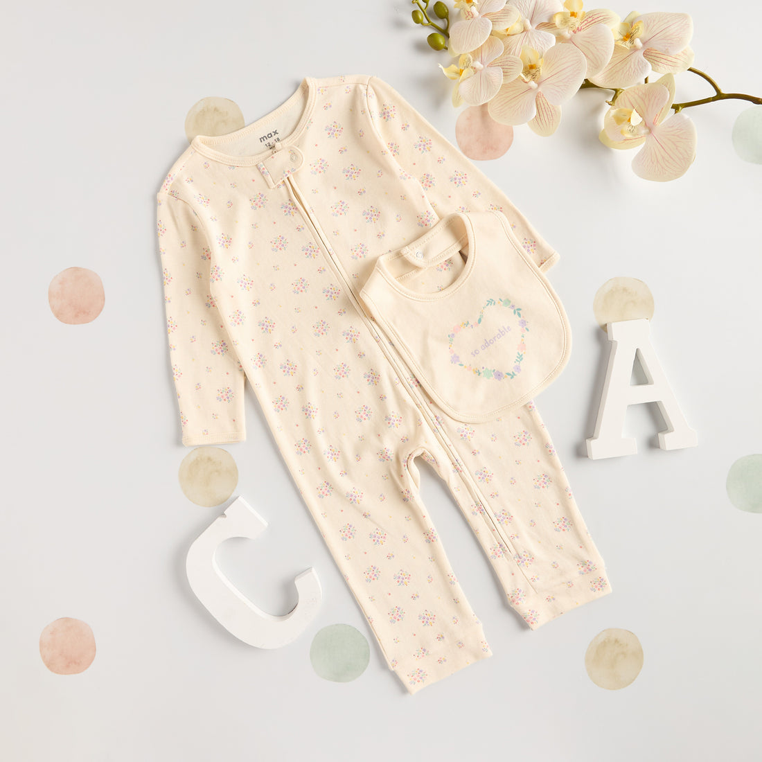 Floral Slogan Print Sleepsuit with Bib - Cream